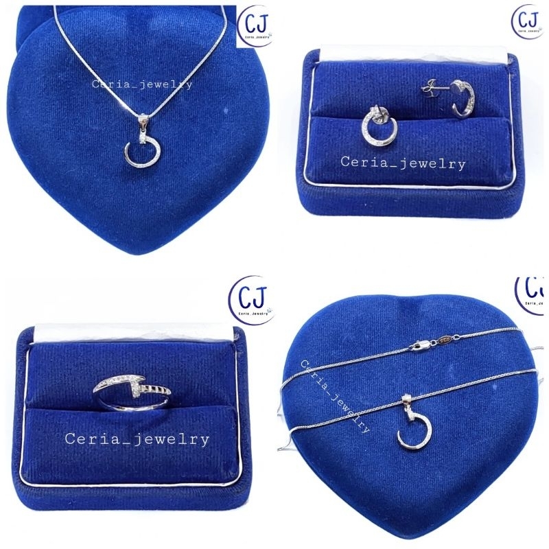 Set Kalung Perak Asli Silver Wanita 925 Lapis Emas Putih Rantai ItaliSanta Liontin Paku - Cincin Perak Asli Silver Paku - Anting Tusuk Paku Perak Asli Silver Wanita 925 Lapis Emas Putih Anti Karat