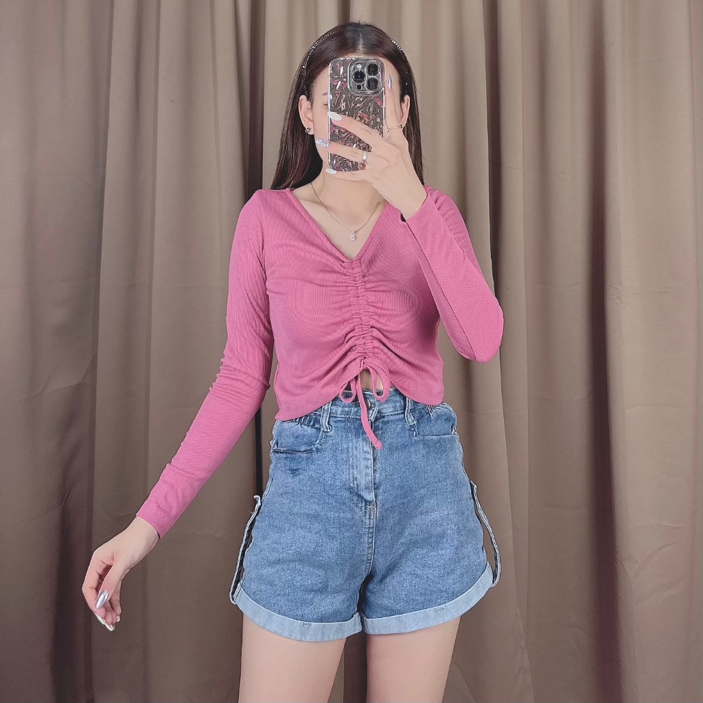 Ella Top Serut Vneck Knit Long Sleeve / Blouse Serut Lengan Panjang