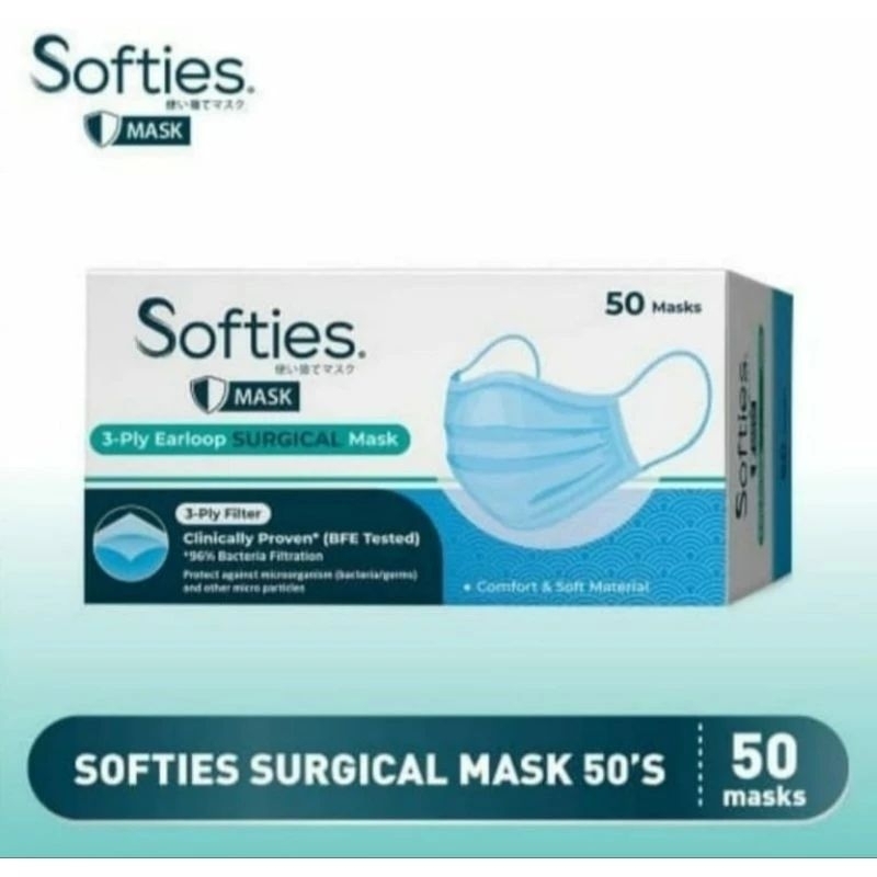 Softies Surgical Mask 50 pcs Masker Softies Surgical Earloop isi 50 3ply Biru Polos Masker Medis Kes