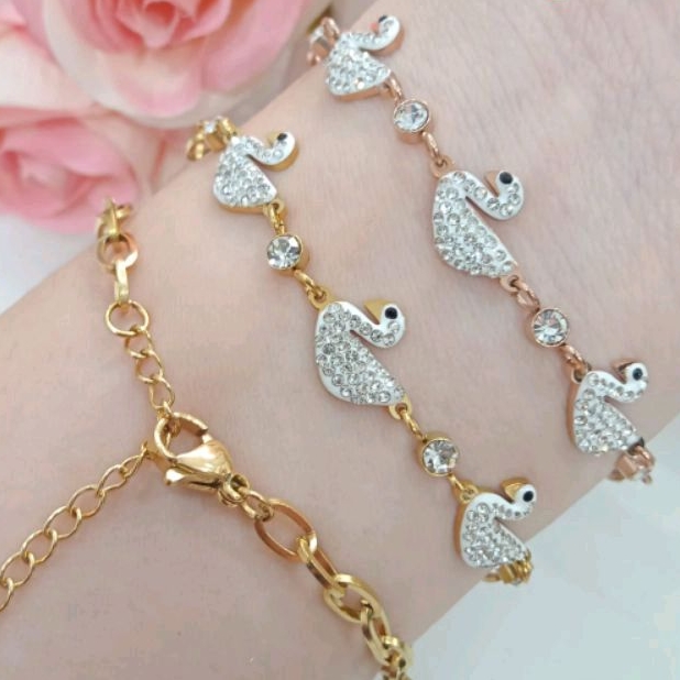GELANG TANGAN TITANIUM WANITA ASLI/ RANTAI MOTIP BEBEK PUTIH