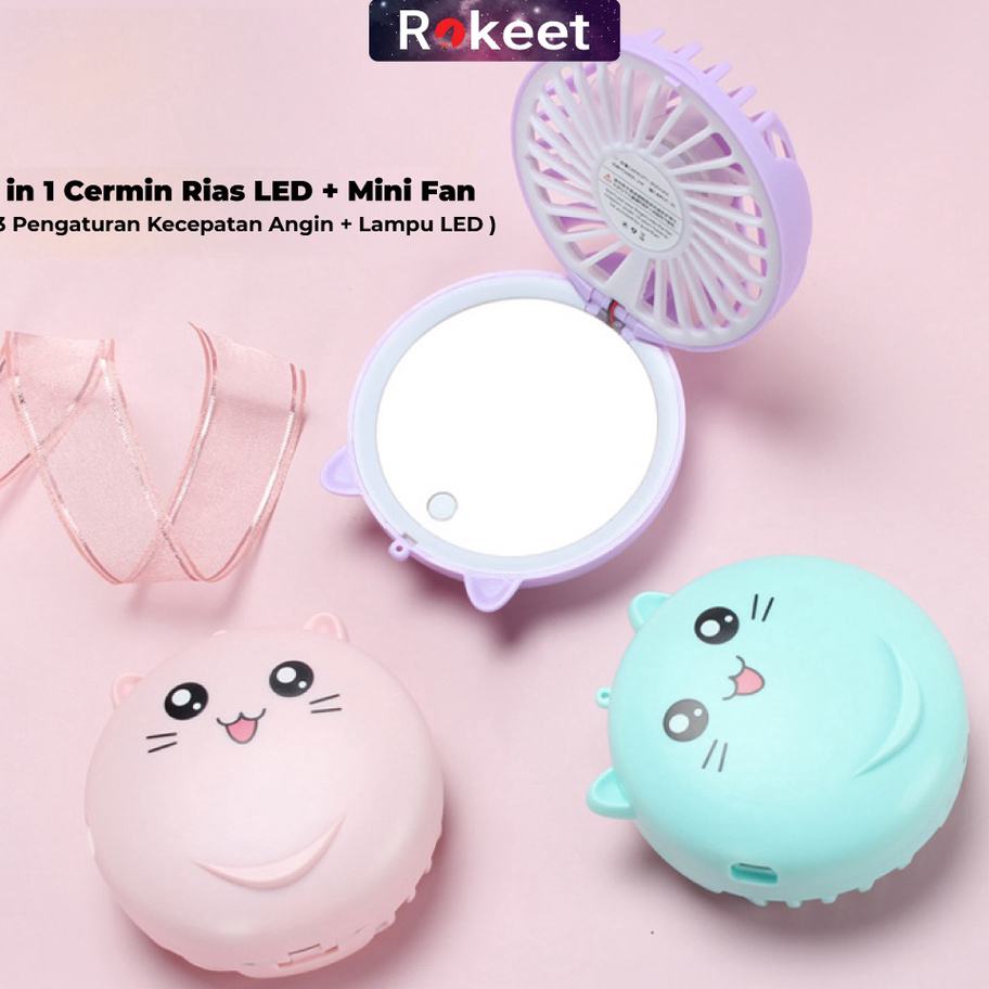 STOK SEDIKIT Rokeet Kipas Angin Cermin Kaca LED Portable Karaker Mini Fan Mirror