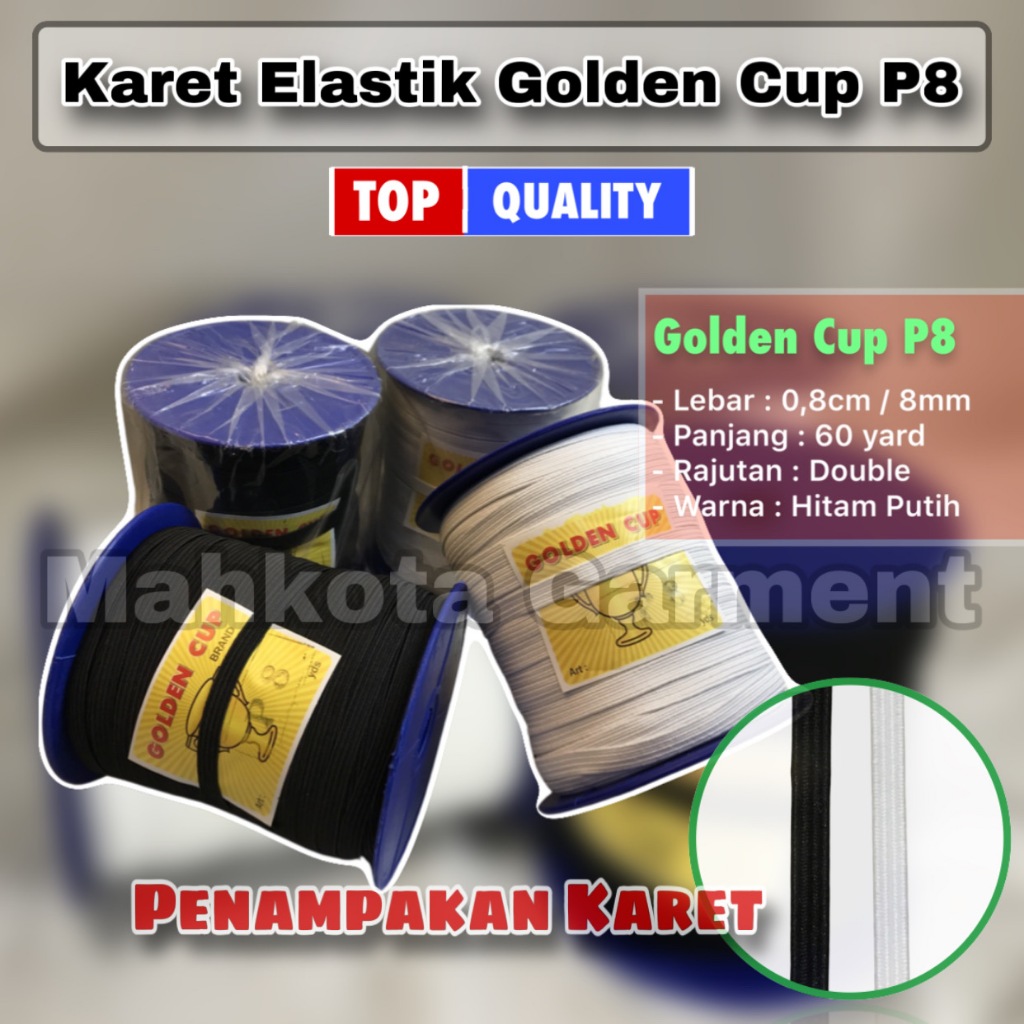 Karet Elastik Golden Cup P8 | Karet elastis celana  8mm / 0,8cm panjang 60 yard/Roll | Karet dasi ce