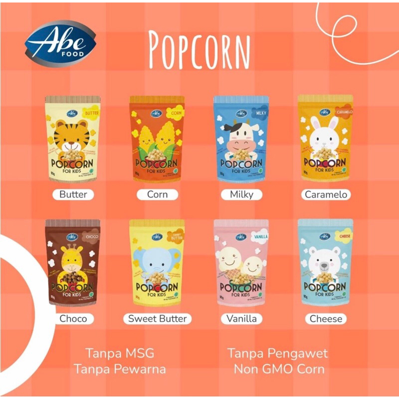 

Popcorn abe food For Kids 80 Gr / popcorn anak Kokobi Baenana ChipsCamilan Abe Popcorn Snack MPASI / Snack Bayi / Snack Anak / Cemilan Bayi / Cemilan Anak Popcorn Jagung Caremelo cemilan sehat