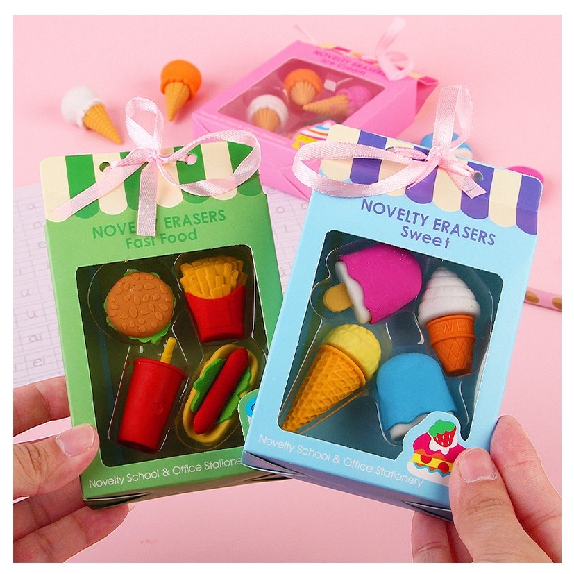 

4pcs Penghapus Karet Eraser Pensil Bisa Disusun Pasang Es Krim Burger Gannise GN-ST0529