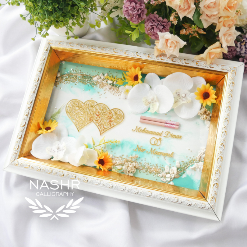 Glam Resin Art Ukir 20x30 cm ( Kaligrafi & Nama TIMBUL ) Dekorasi Hiasan Mahar Nikah Maskawin Kado H