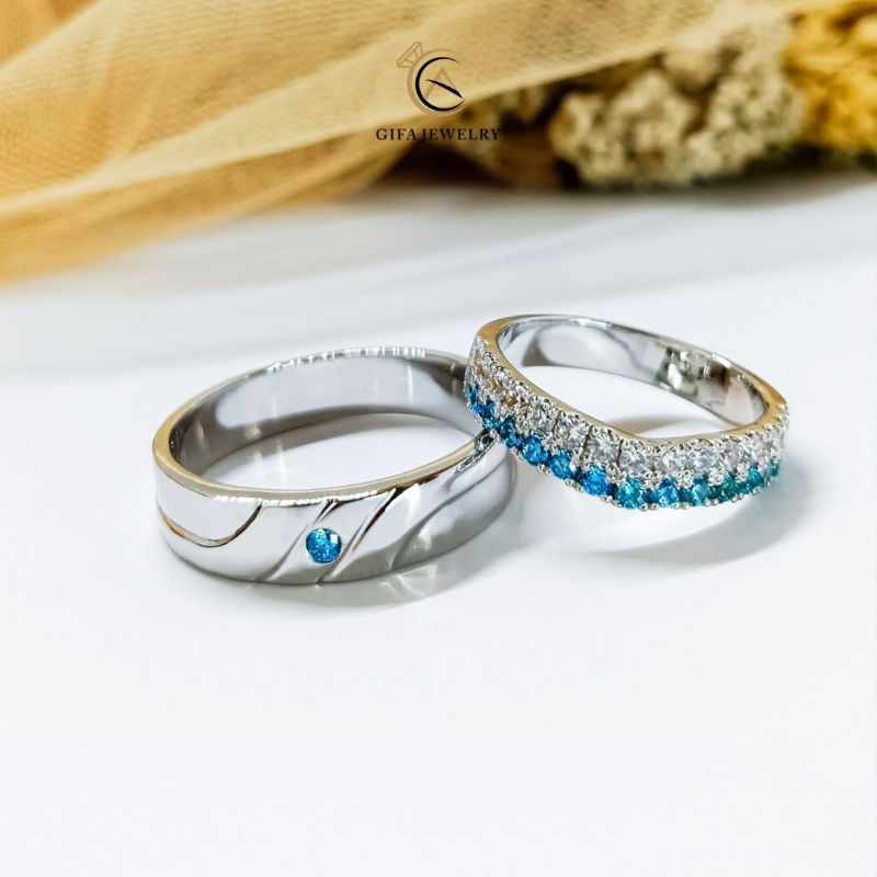 Gifa Jewelry Cincin Kawin Couple Permata Biru Cincin Sepasang Perak Palladium Gf92