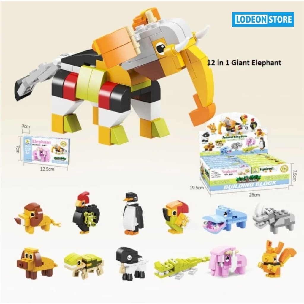 Brick Binatang 12 in 1 Super Elephant - Brick Animal Kingdom SM206 - Lodeon Store