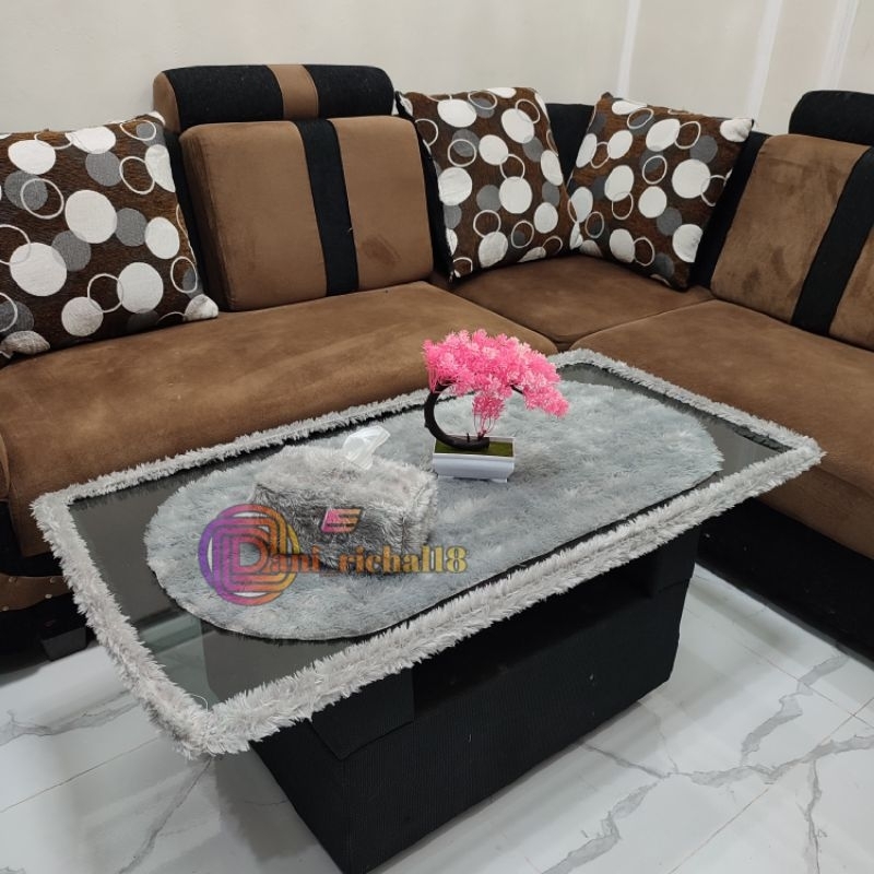 Taplak meja ruang tamu bulu rasfur uk 100×50 cm / Taplak+Bando+Tisu
