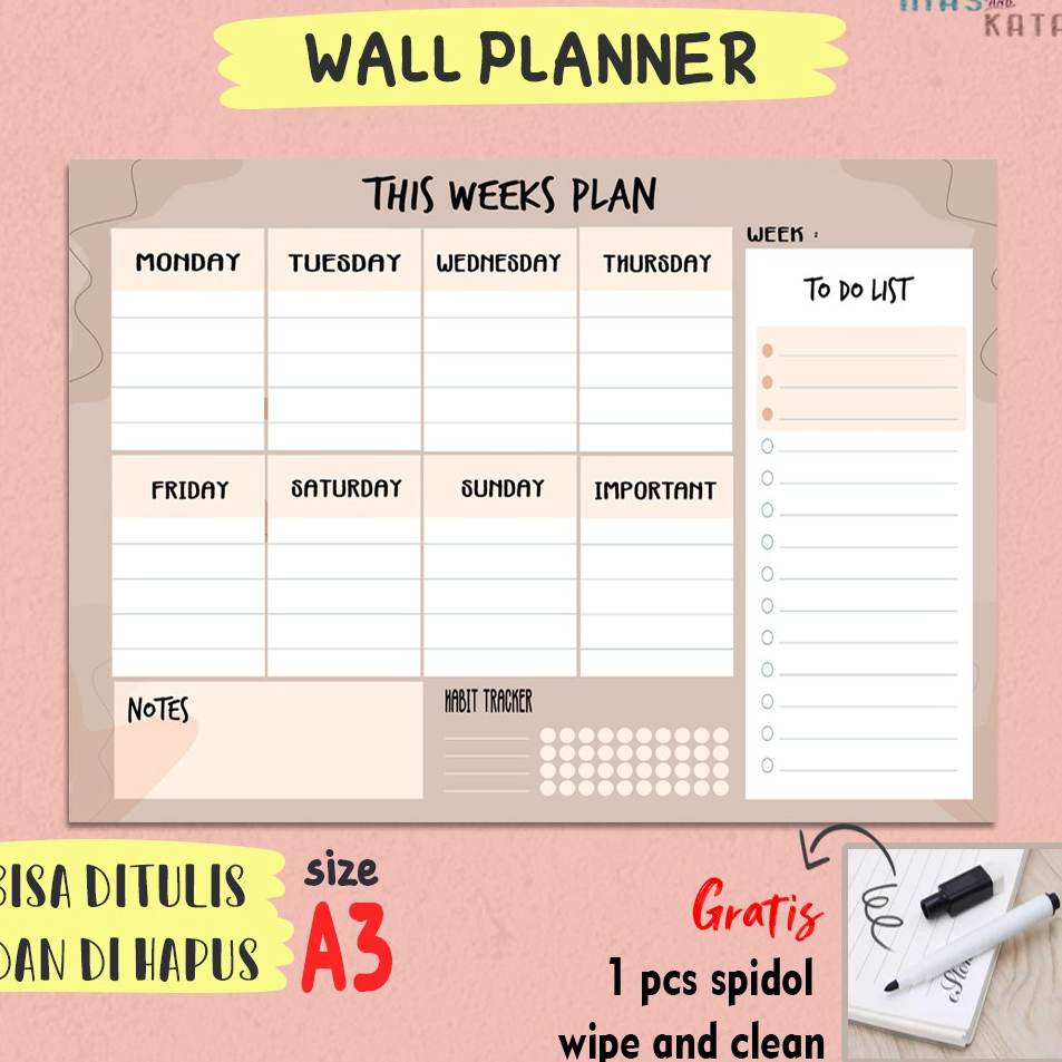 

Terlaku. Weekly Planner wall Week Plan with Habit Tracker,notes & to do list size A3