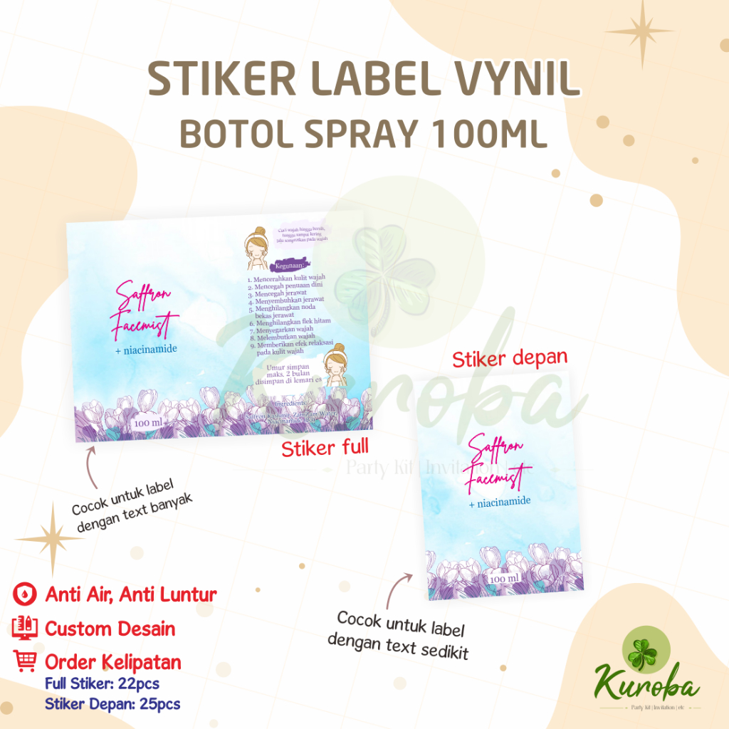 STIKER VINIL ANTI AIR SKINCARE  CUSTOM DESAIN BOTOL SPRAY 100ML