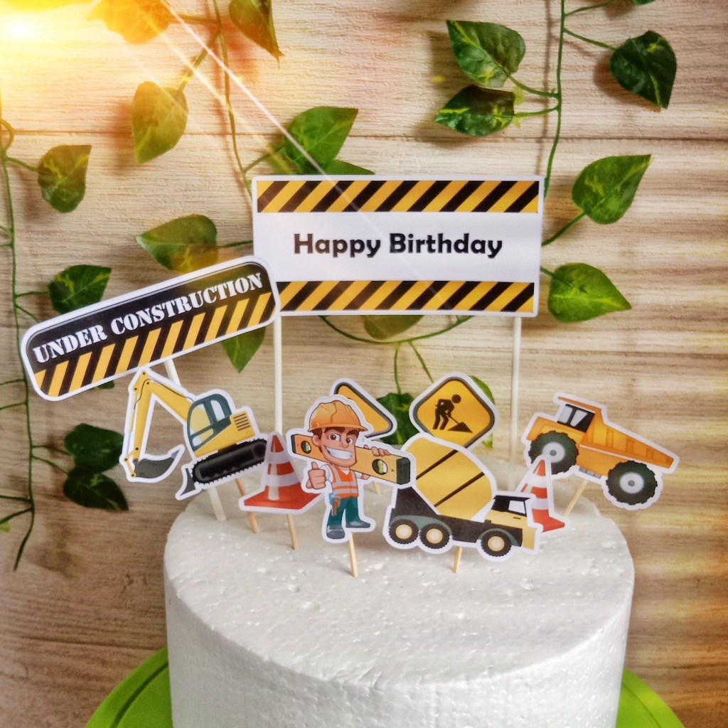 Topper Cake Mobil Konstruksi / Eksavator (Gratis Custom Nama) untuk Dekorasi / Hiasan Kue Ulangtahun