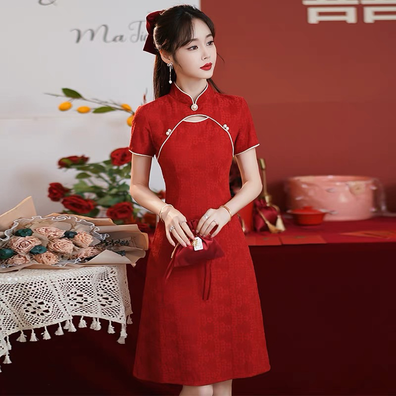 Q06 Gaun Cheongsam Merah Qipao Merah Wedding dress