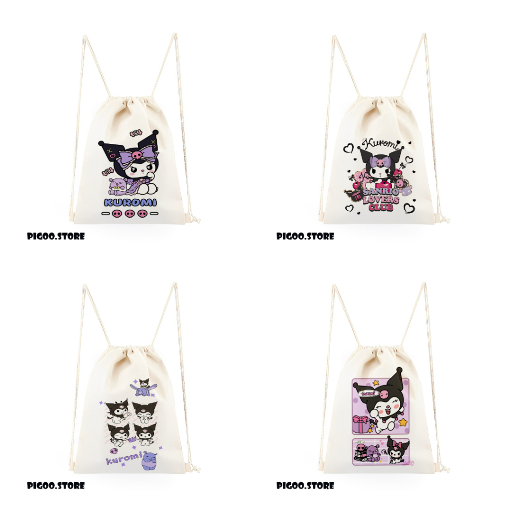 Tas Serut Kanvas Motif Kuromi / Tas Sanrio Wanita / Tas Ransel Backpack anak Lucu / Tas Sanrio Sekol