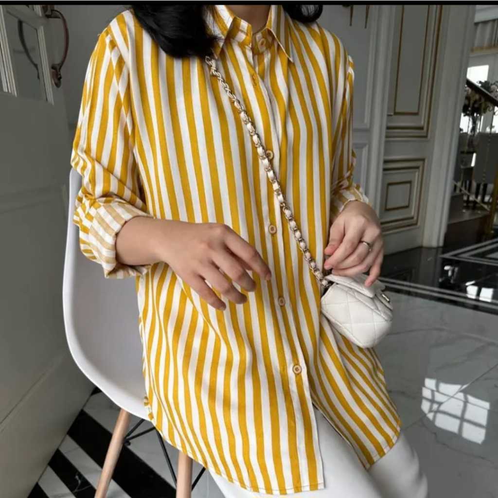 Kemeja Salur Stripe Wanita Rayon Oversize Jumbo