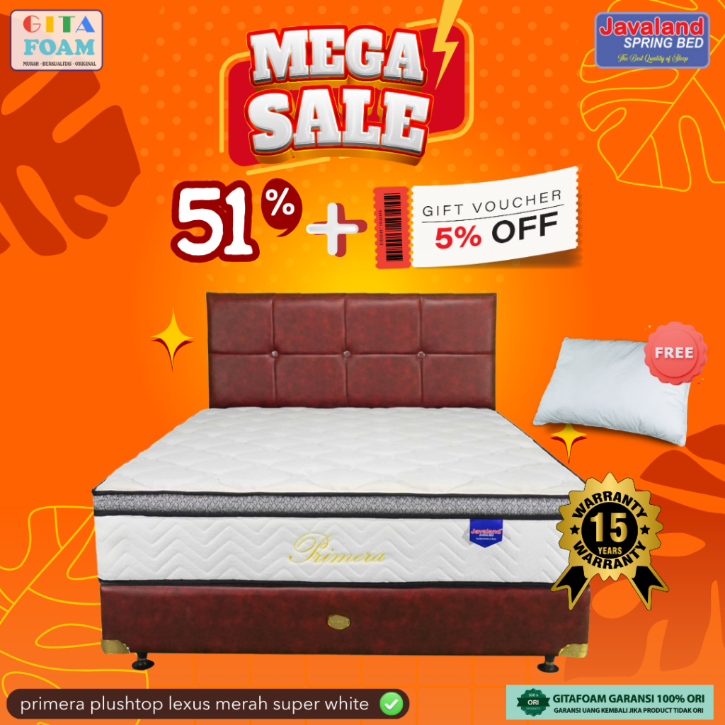 TERMURAH SPRINGBED PRIMERA PLUSHTOP SUPER WHITE LEXUS MERAH [JAVALAND] Garansi 15 tahun (Springbed+D
