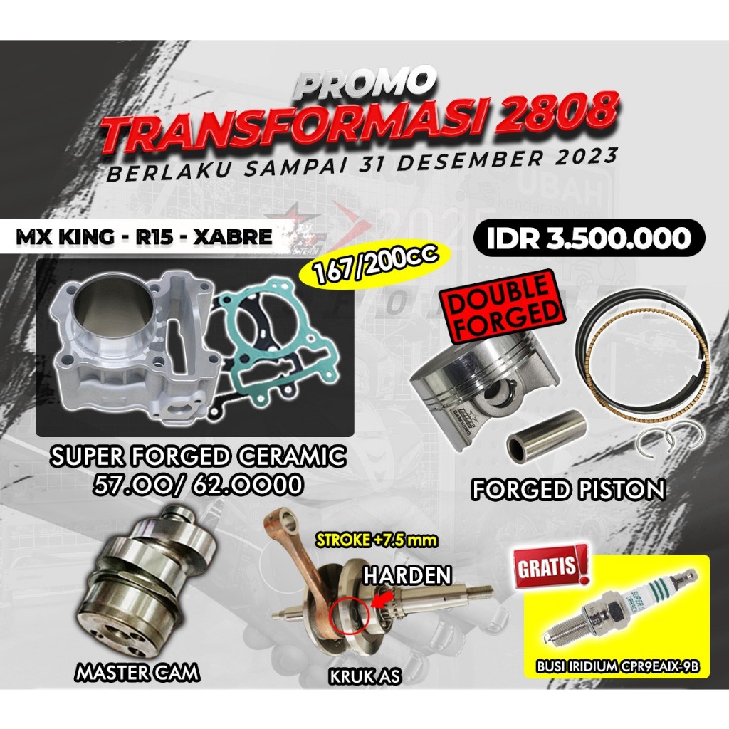 PAKET BORE UP BRT MX KING R15 XABRE 167/200 CC TANPA HEAD