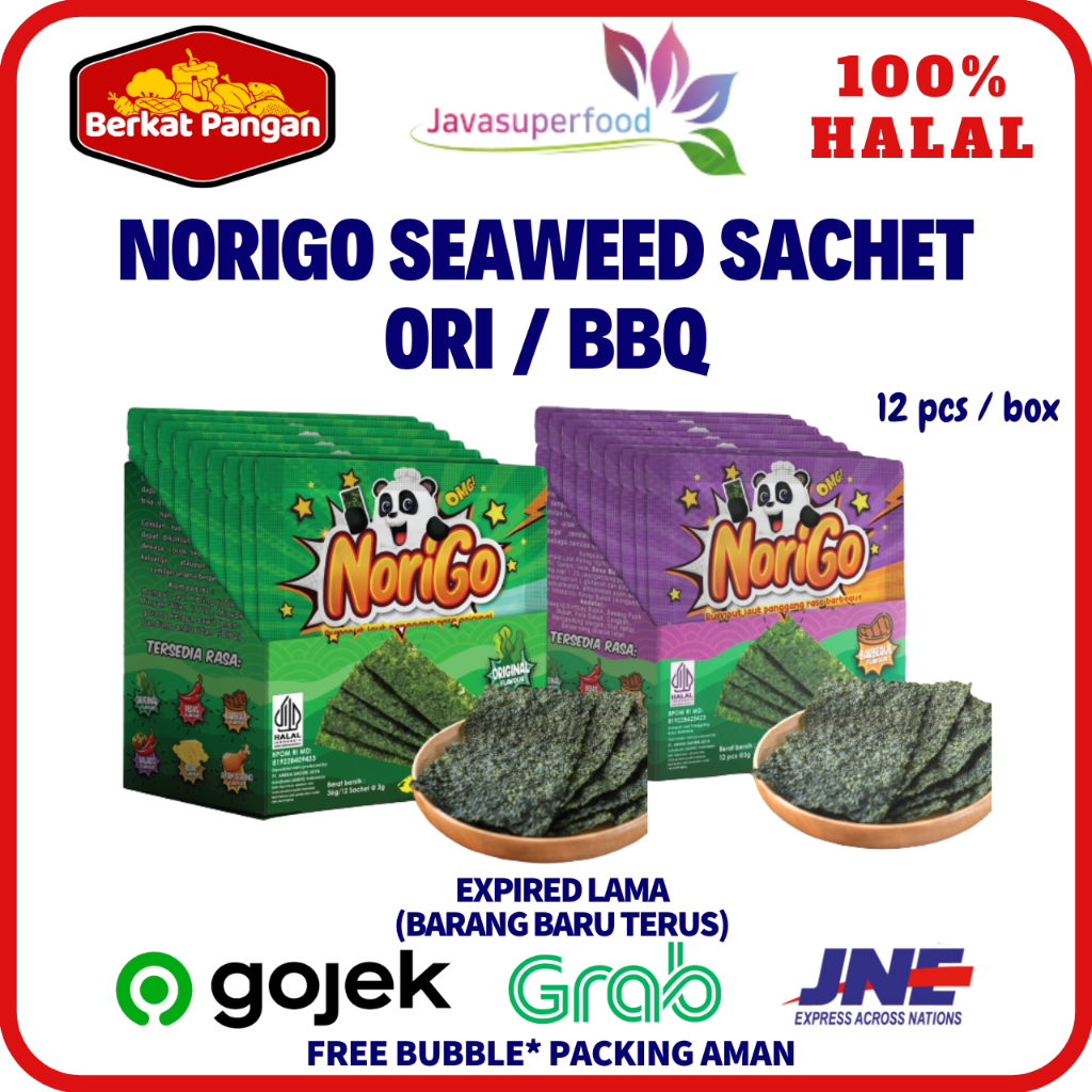 

Norigo (1 BOX ISI 12 PCS) / Nori Sachet Seaweed Snack 3g Rumput Laut Halal