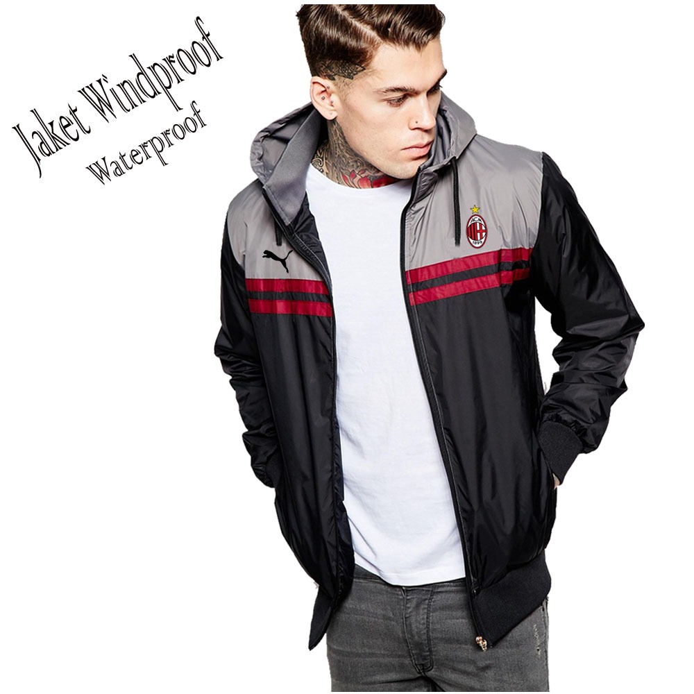 Jaket bomber Windroof kupluk original terbaru anti air Jaket Kupluk terbaru logo ac milan / bisa req