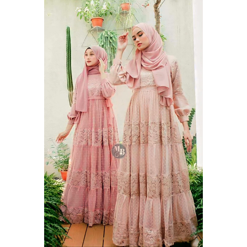 Nadira Dress Gamis Brokat Kombinasi Tille dotty Syar’i Terlaris