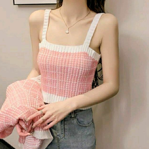 (NEW) VEST TANKTOP CROP PINK KNIT RAJUT KOREA IMP CHINA