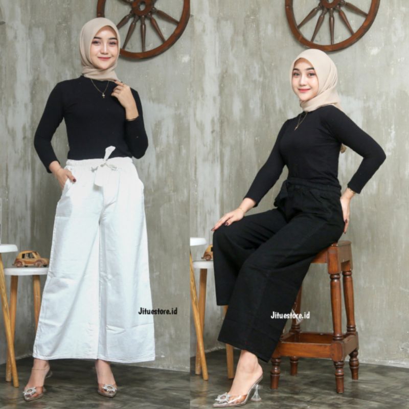 Kulot Jeans Hitam Putih Pinggang Karet Tali serut / Kulot Jeans Jumbo Hitam Putih