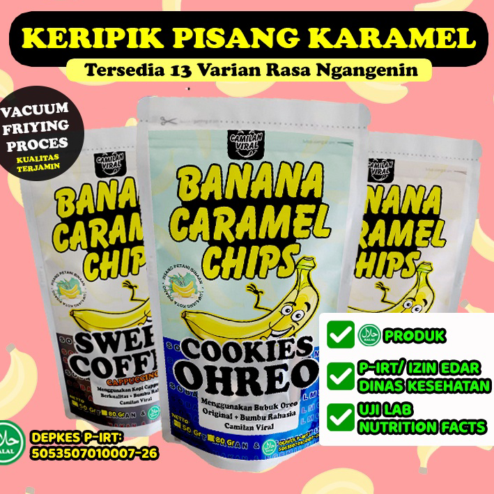 

Super Promo ✅ HALAL & P-IRT - BANANA CARAMEL CHIPS - KERIPIK PISANG KARAMEL RASA COKLAT, SUSU, KOPI, COOKIES, MACA, DLL BY CAMILAN VIRAL