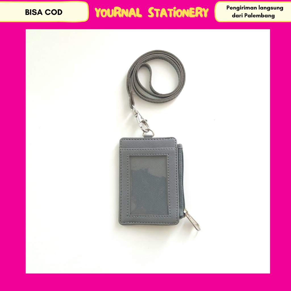 

Lanyard Flashee Resleting Name Tag ID Card Abu Abu Holder Kulit Termurah 1 Slot Depan PU Leather Lanyard NameTag ID Card Holder
