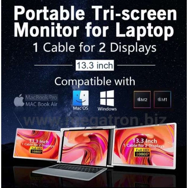 Portable Triple Screen Monitor 13 inch (cocok untuk Laptop 13-17 inch) - 1 cable - Support Windows MacOS M1 M2 MacBook