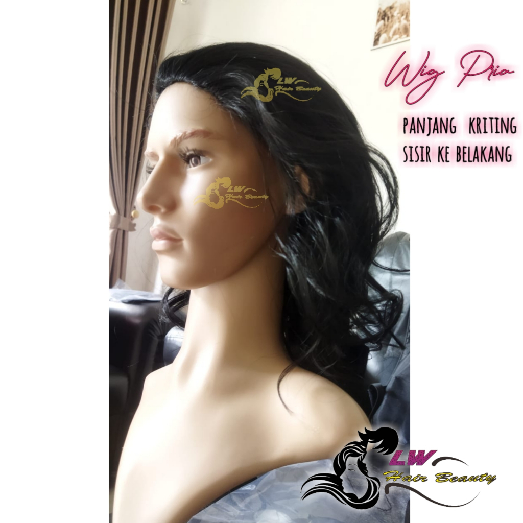 Wig Pria Panjang Keriting Hitam Sisir Belakang