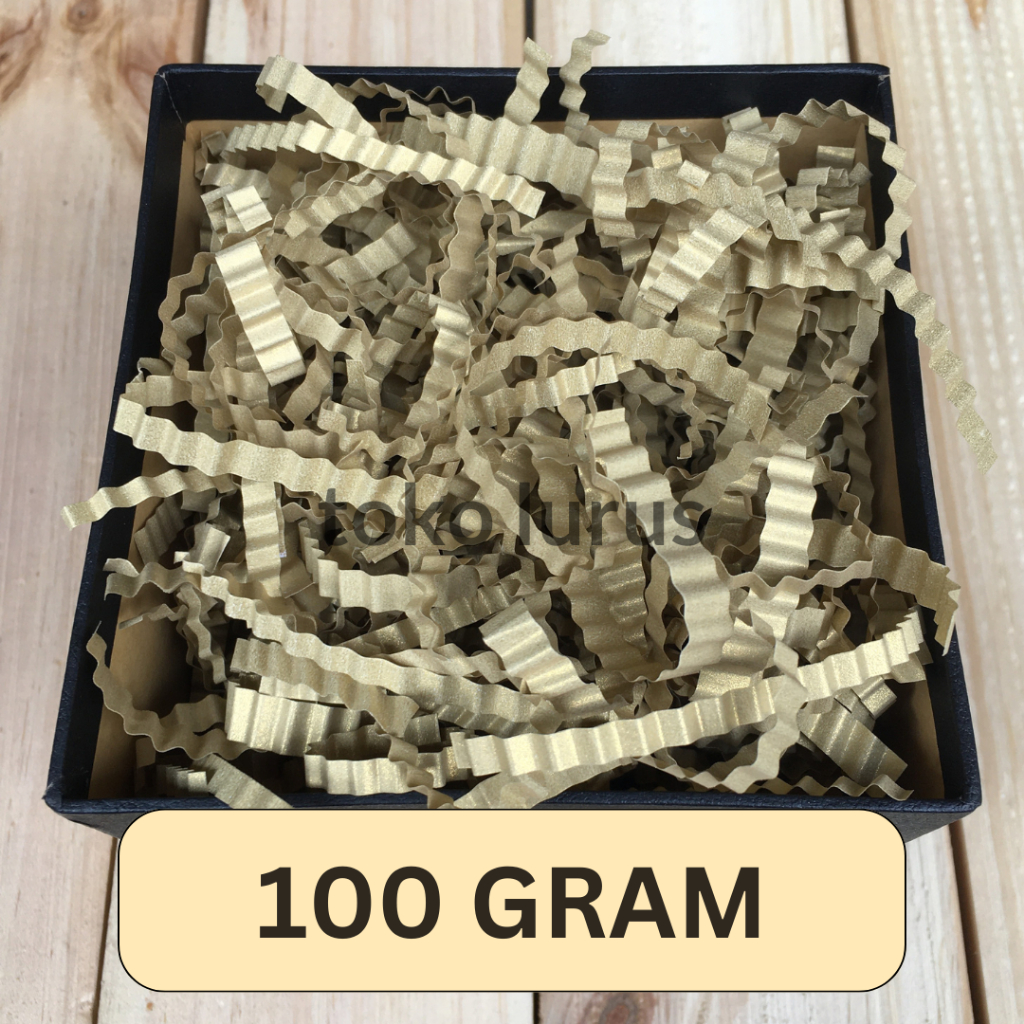 

Shredded Paper Keriting Premium Gold Emas 100 Gram cocok untuk Hampers Kado Parcel