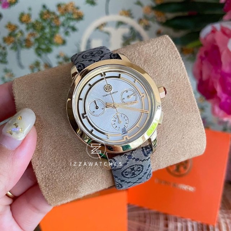 Jam Tangan Wanita Tory Burch Ivory Leather Monogram Strap