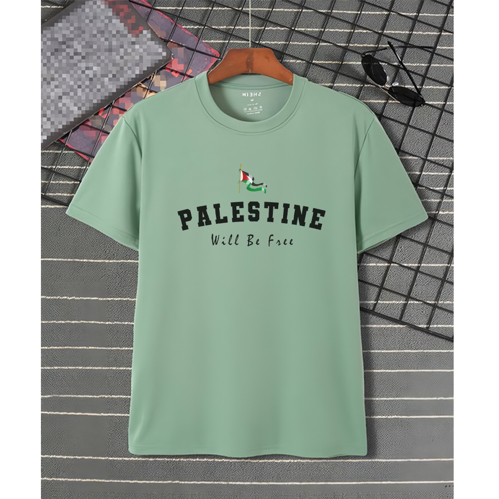 T-shirt Disrto Warna Sage l Kaos Distro Motif PALESTINE l Kaos Pria Wanita Warna Mint Bahan Katun