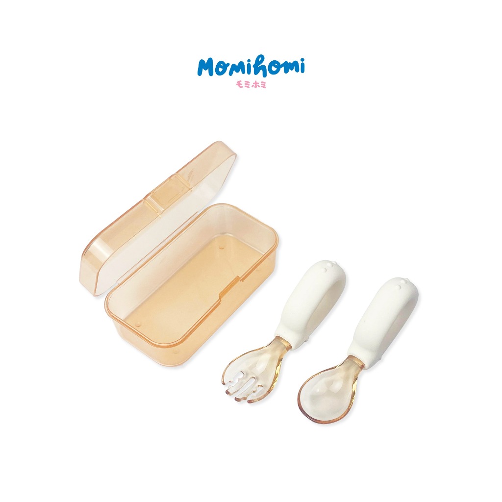 Momi Homi Set Sendok Garpu Set Sendok Makan Anak Bayi Gagang Di Lapisi Silikon  BPA FREE Aman Untuk Anak Bayi Baby Training Spoon Sendok Makan PPSU Tahan Panas Sendok MPASI