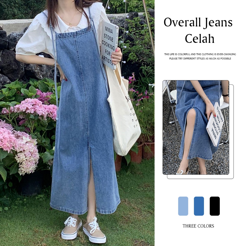 | kekinian factory | Ready stok  overall jeans wanita panjang dress robek cewek korean style hitam o