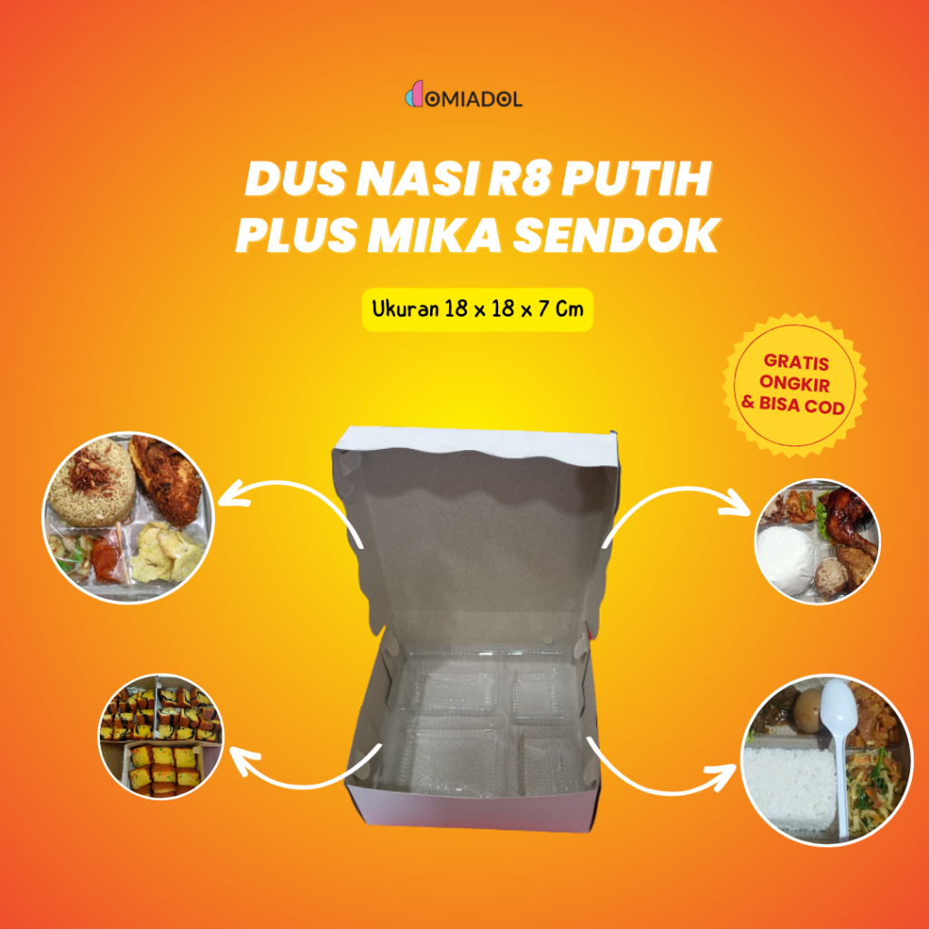 

(50 Pcs) Box Dus Nasi Kotak R8 Putih Premium Plus Mika Sendok - Ukuran 18x18x7 - Isi 50 Pcs