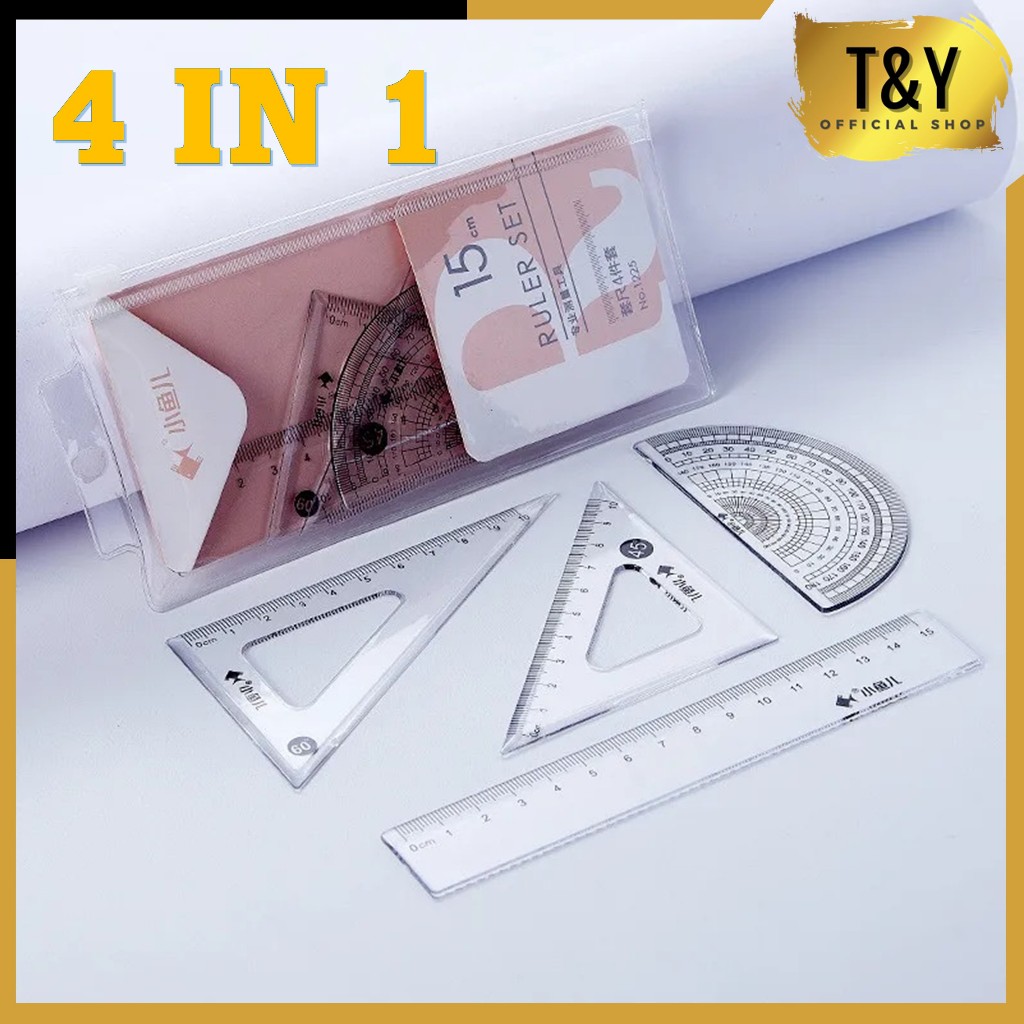 

T&Y Penggaris Set 4IN1 Panjang 15Cm Penggaris Bening Sekolah Isi 4 Pcs Lucu Ruller Set Transparant Perlengkapan Sekolah Menggambar Pelajar Mahasiswa Motif Polos Kemasan Ziplock