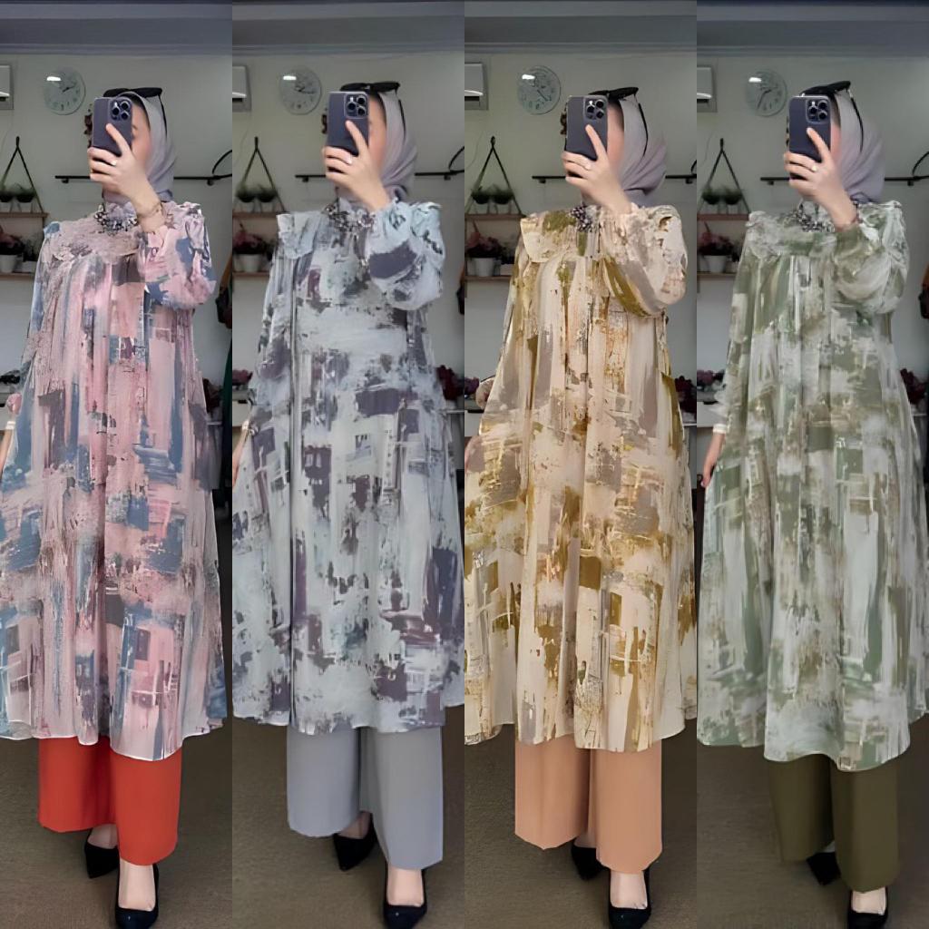 SHENINA SET LONG TUNIK CERUTY - SETELAN TUNIK CERUTY MOTIF ABSTRAK NEW CELANA CRINKLE PREMIUM - ONE 