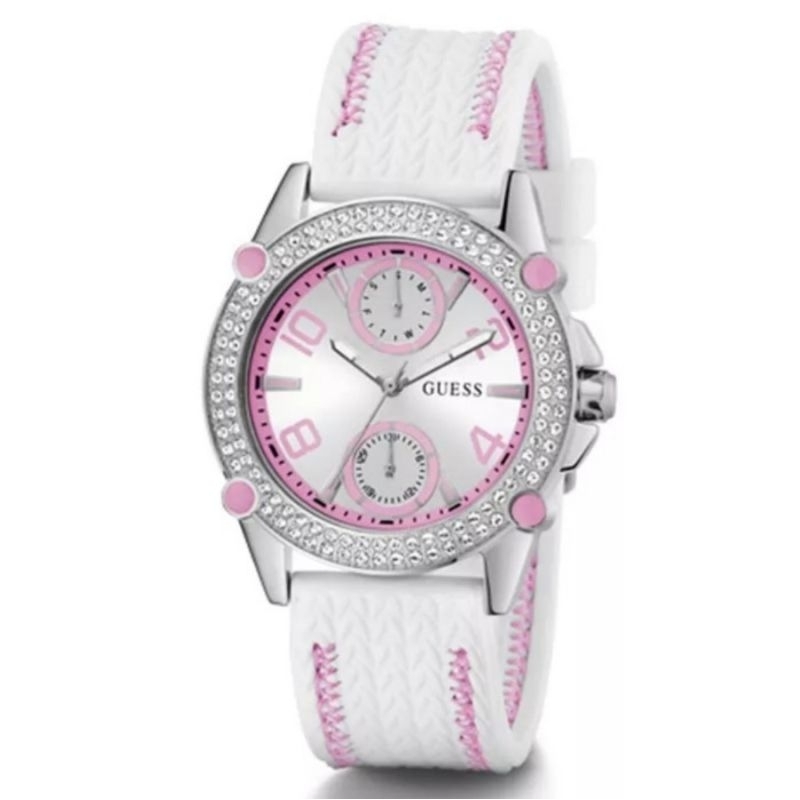jam tangan wanita original GUESS GW0554L1 SILVER PINK  KARET PUTIH