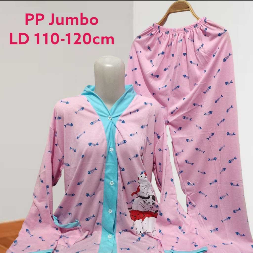 Set BabyDoll Full Kancing PP Jumbo Bahan Kaos Lengan Panjang Celana Panjang Baju Tidur Wanita LD