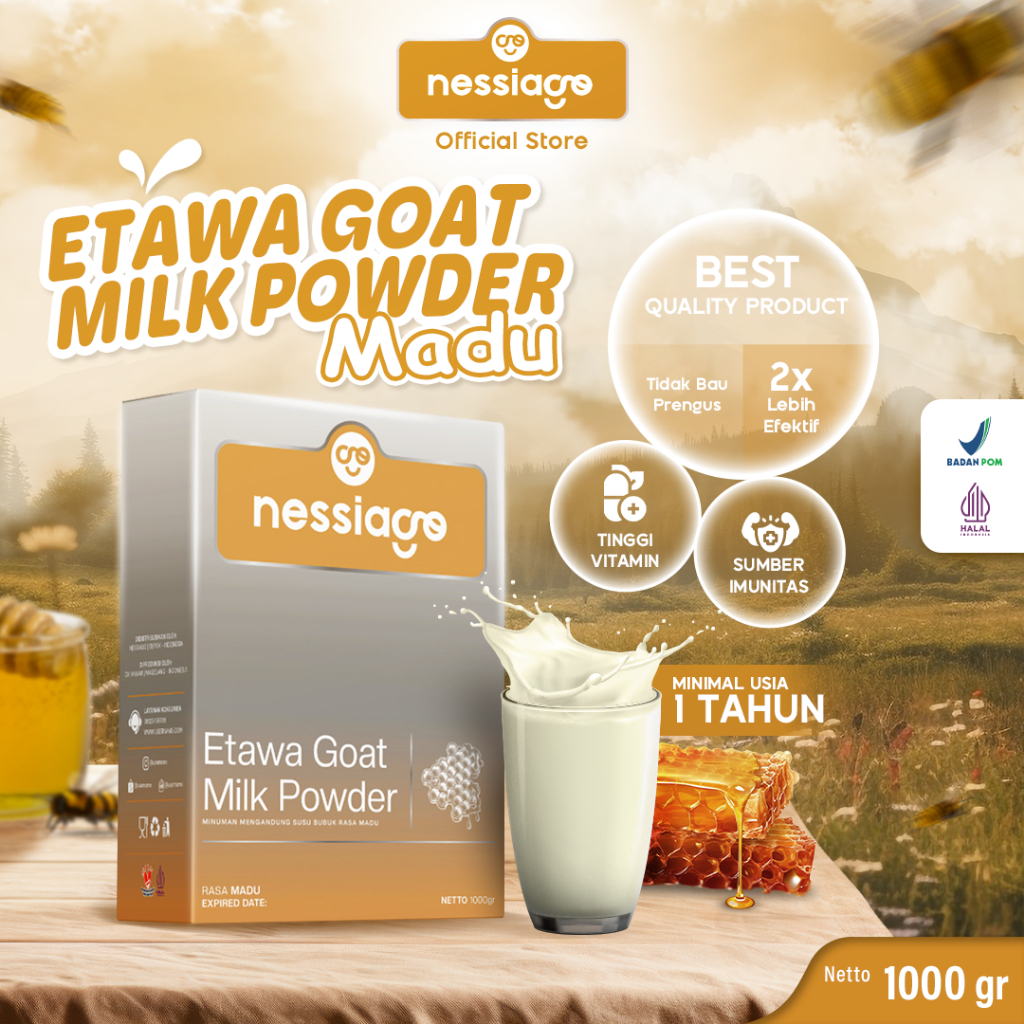 

Nessiago Susu Kambing Etawa Bubuk 1 KG Rasa Madu Murni | Ettawa Goat Milk Powder Drink COD Natural Asli Herbal Pemulihan Pengobatan Sesak Nafas Paru Paru Asam Urat Saraf Kejepit Alergi Rematik Perkokoh Tulang Gigi Lansia Orang tua BalitaTerjangkau tunai