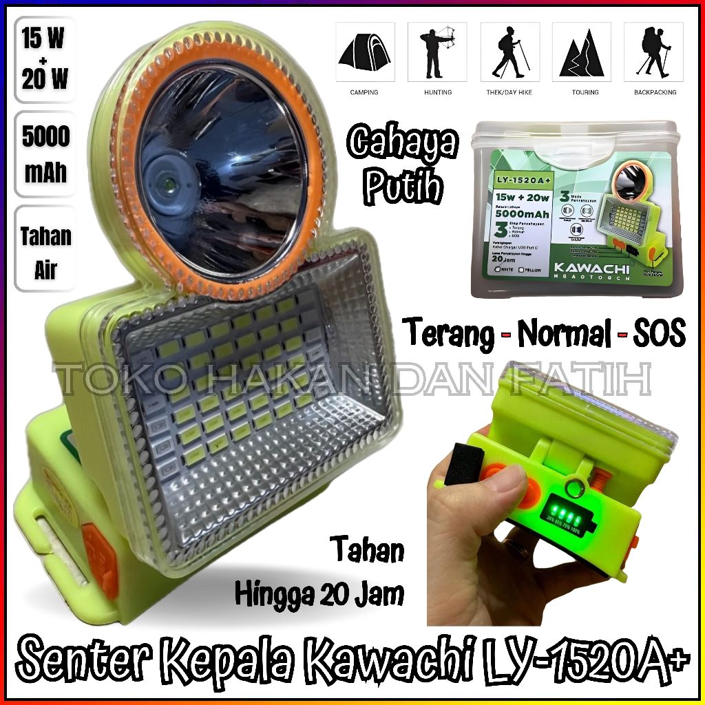 Kawachi Senter Kepala Waterproof 15WATT + 20WATT 5.000mAh Cahaya Putih Kabel Charger USB Port C LY-1