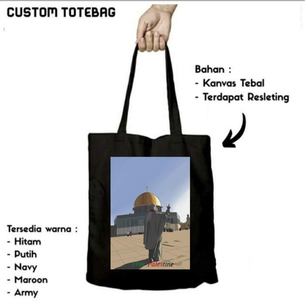 Tote Bag Kanvas Drill Hitam Custom Totebag Custom Free Palestine Warna Hitam Tebal