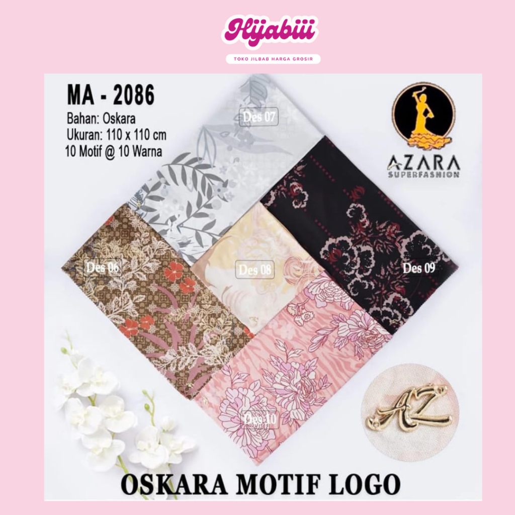 (Grosir 10 pcs) Jilbab Segi Empat Azara Oskara Motif Metal Logo || Hijabiii Grosir