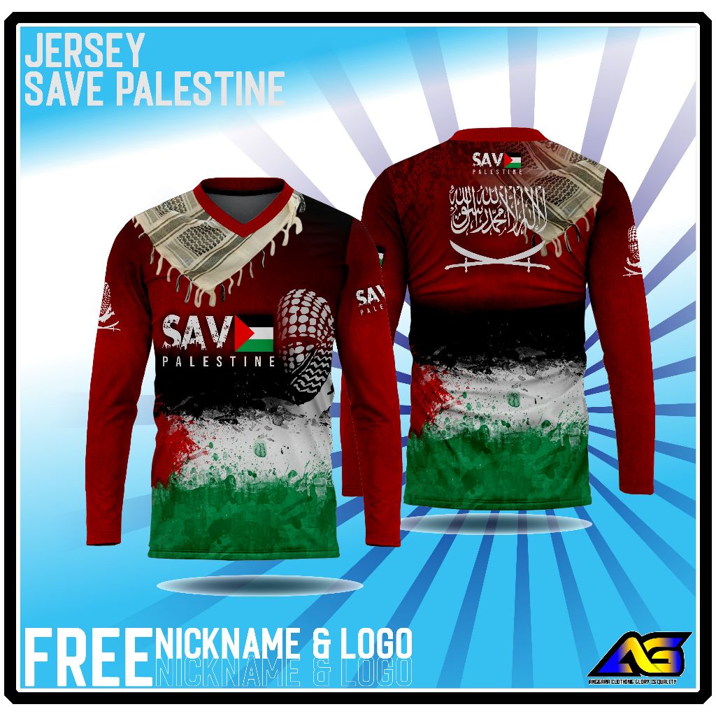 Jersey free palestine and israel occupation kaos save palestina baju islami lengan panjang