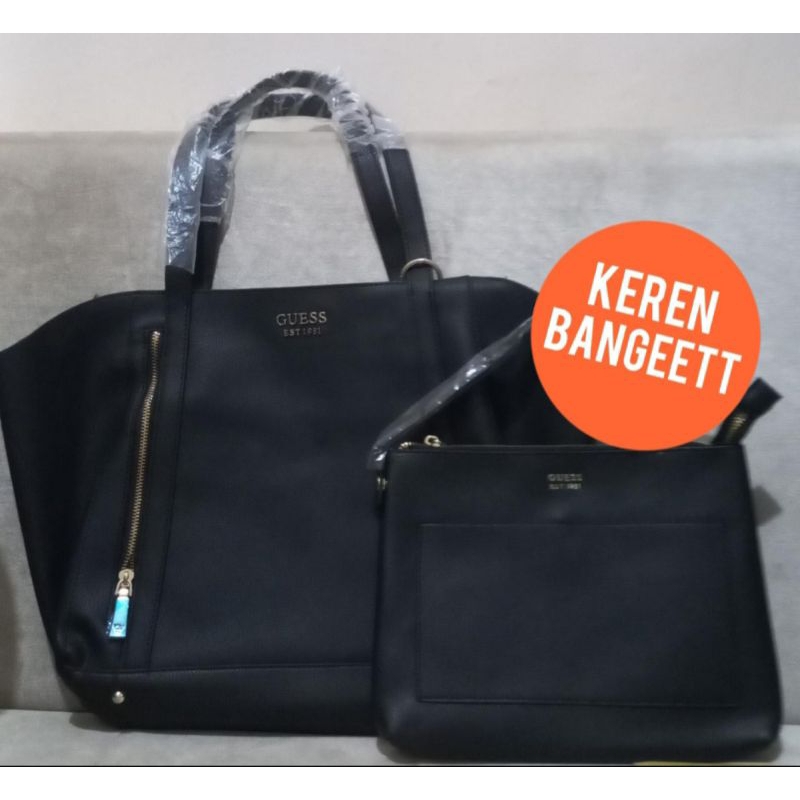 Guess Bag Tote hitam polos coklat logo besar
