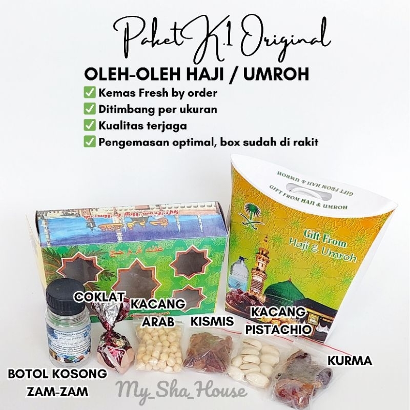 

Paket K.1 Oleh oleh haji umroh kurma kismis kacang arab pistachio coklat botol kosong