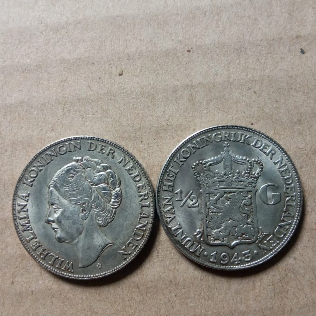➢❈ BAYAR DITEMPAT KOIN KUNO WILHELMINA KONINGIN DER NEDERLANDEN 1/2 GULDEN Kirim Langsung