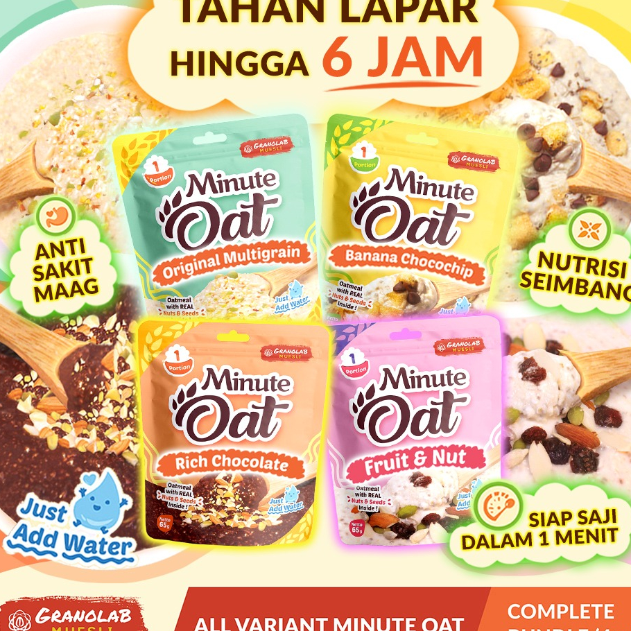 

Terlaku. Instant Oatmeal MINUTE OAT Granolab Muesli complete variant isi 4pcs x 65gr