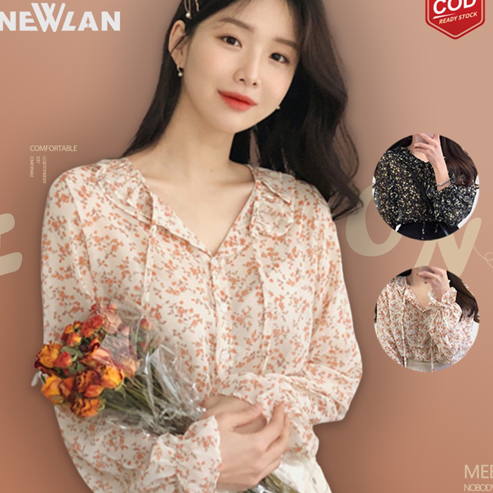 Ready Newlan XF008 Kemeja Sifon Blouse Wanita Korea Blouse Sifon Lengan Panjang Blus Wanita Musim Pa