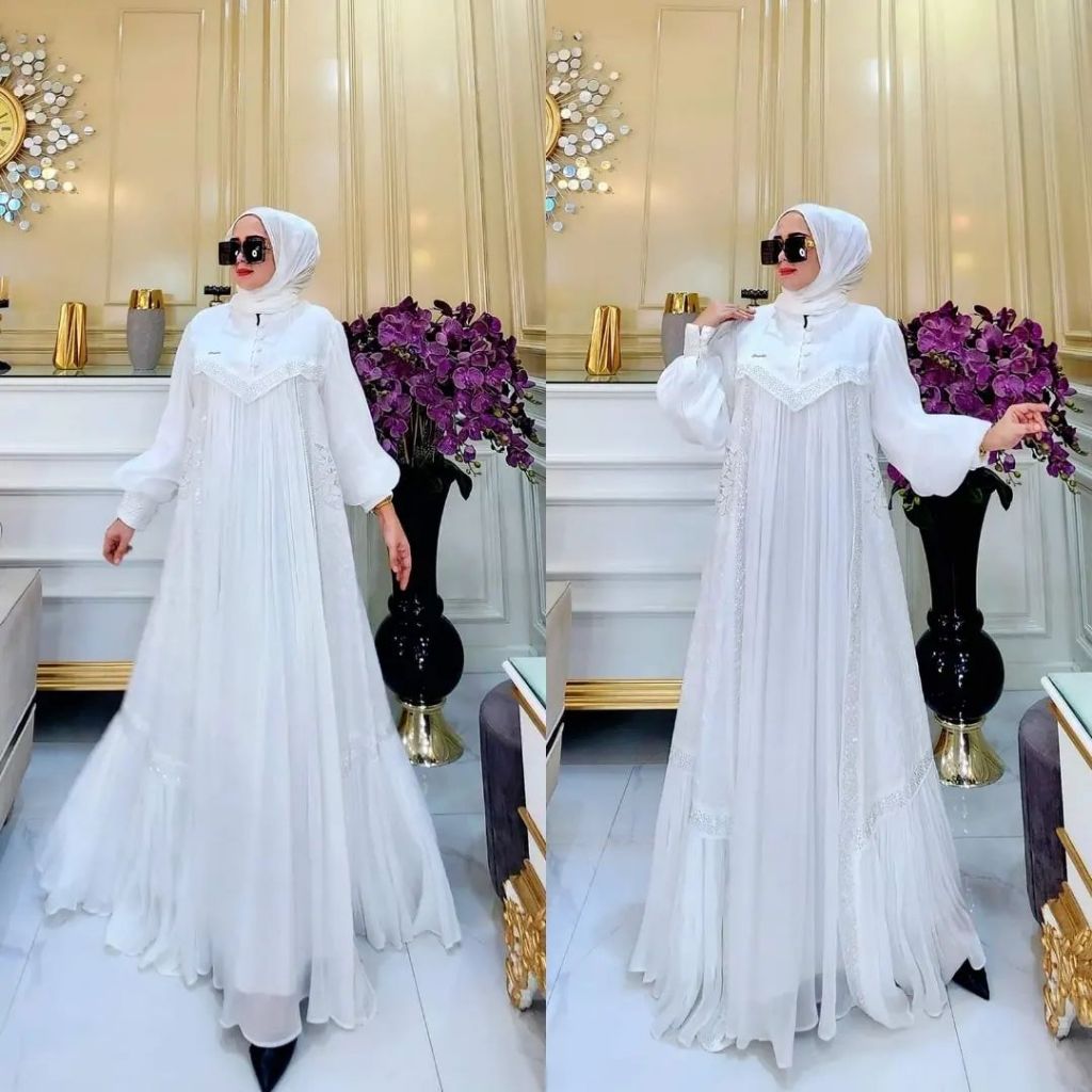 GAMIS PUTIH WANITA KEKINIAN DRESS KONDANGAN GAMIS SANTORINI MIX KATUN BORDIR MEWAH APLIKASI SWAROVKI GAMIS PESTA MEWAH ELEGAN DIVAA DRESS GAMIS SHIMMER SILK PREMIUM GAMIS TERBARU 2024